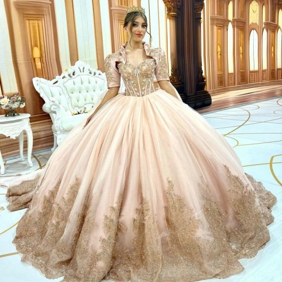 Sweetheart Champagne Quinceanera Dresses Birthday 15 Party Applique Lace Crystal Formal Sweet 16 Princess Gowns