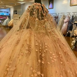 Sweetheart Champagne Shiny Quinceanera Dress Appliques Lace 3D Flower With Cape Sweet 16 Vestidos De 15 Anos