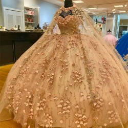 Sweetheart Champagne Shiny Quinceanera Dress Appliques Lace 3D Flower With Cape Sweet 16 Vestidos De 15 Anos