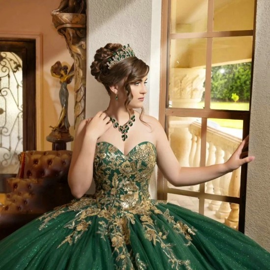 Sweetheart Emerald Green Ball Gown Quinceanera Dress For Girls Gold Applques Birthday Party Gowns Prom Dresses