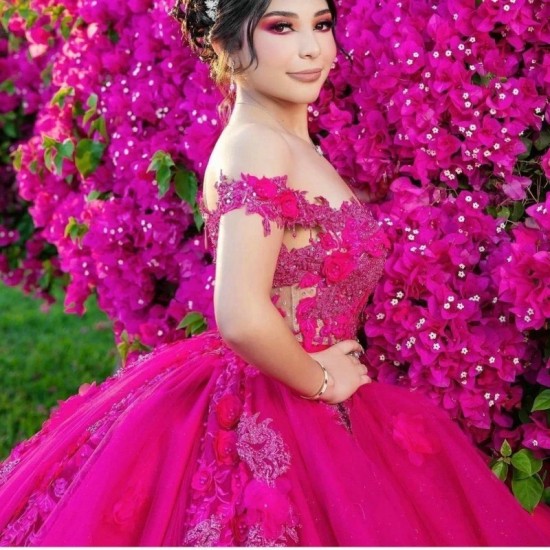 Sweetheart Fuchsia Quinceanera Dresses Mexican Lace 3D Flower Puffy Ball Gowns Off-Shoulder Applique Luxury Vestidos De