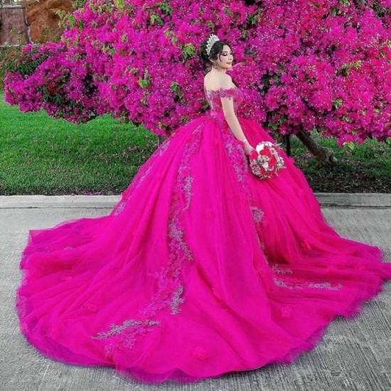 Sweetheart Fuchsia Quinceanera Dresses Mexican Lace 3D Flower Puffy Ball Gowns Off-Shoulder Applique Luxury Vestidos De