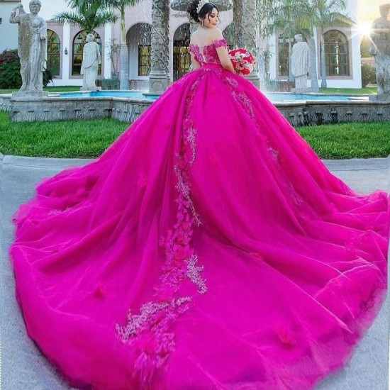 Sweetheart Fuchsia Quinceanera Dresses Mexican Lace 3D Flower Puffy Ball Gowns Off-Shoulder Applique Luxury Vestidos De