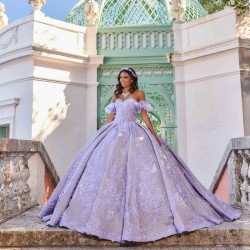 Sweetheart Lavender Quinceanera Dresses Lace Appliques Beading Tired Off the Shoulder Princess Ball Gown