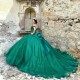 Sweetheart Off Shoulder Emerald Green Shiny Princess Quinceanrea Dresses Lace Applique Flower Sweet 15 16th Birthday Party Gown