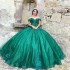 Sweetheart Off Shoulder Emerald Green Shiny Princess Quinceanrea Dresses Lace Applique Flower Sweet 15 16th Birthday Party Gown