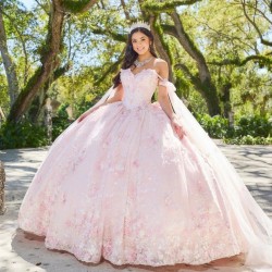 Sweetheart Pink Princess Quinceanera Dress 3D Appliques Beading Handmade Flower With Cape Ball Gowns Vestidos De 15 Años