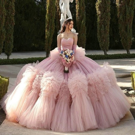 Sweetheart Pink Quinceanera Dress Princess Off the Shoulder Prom Gown Beads Tulle Tiered Sweet 16 Dress Vestidos De 15 Anos