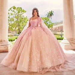 Sweetheart Pink Shiny Quinceanera Dress Princess Prom Gown Tulle Appliques Beads With Cape Sweet 15 16 Dress Vestidos De 15 Anos