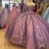 Sweetheart Purple Ball Gown Quinceanera Dresses Off The Shoulder Applique Lace Beading Corset Vestidos De 15 Años