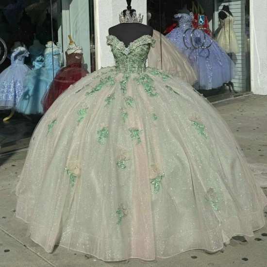 Sweetheart Sage Green Quinceanera Dresses Off Shoulder Applique Lace Princess Sweet 15 16 Years Old Birthday Prom Party Gown