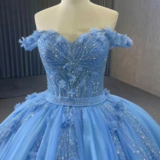 Sweetheart Sky Blue Princess Quinceanera Dresses Ball Gown 2024 Lace Flower Beads Sweet 16 Dress Vestidos De 15 Años