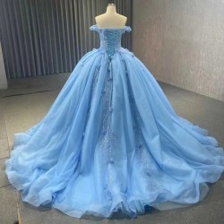 Sweetheart Sky Blue Princess Quinceanera Dresses Ball Gown 2024 Lace Flower Beads Sweet 16 Dress Vestidos De 15 Años