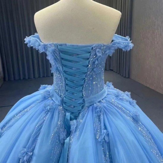 Sweetheart Sky Blue Princess Quinceanera Dresses Ball Gown 2024 Lace Flower Beads Sweet 16 Dress Vestidos De 15 Años