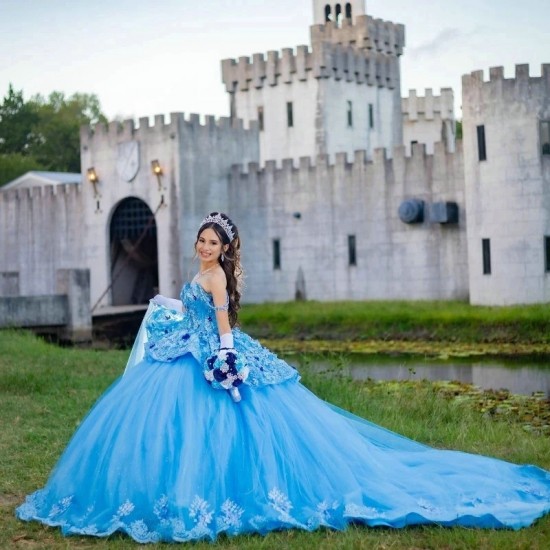 Sweetheart Sky Blue Quinceanera Dresses Ball Gown 3D Floral Flowers Appliques Lace Beads Off Shoulder Corset For Sweet 15 Girls