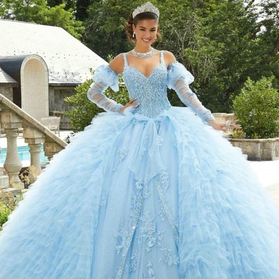 Tiered Sky Blue Quinceanera Dresses Princess Sweet 16 Years Girl Birthday Party Dresses Appliques Lace Tull Vestidos De 15