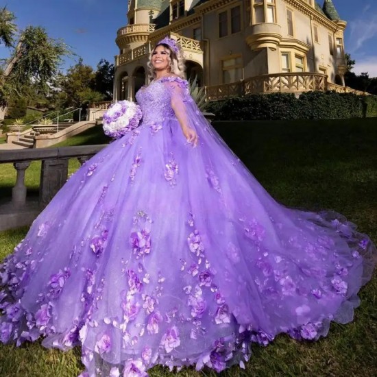 Tulle Lavender Quinceanera Dress 2024 3D Floral Purple Vestidos De 15 Años Ball Gown Sweet 16 Birthday Party Gown Pageant Miss