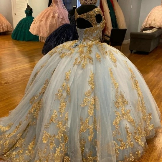 V Neck Blue And Golden Quinceanera Dress 2024 Ball Gown Lace Applique Flowers Appliques Beading Corset Pageant Sweet 15 Party