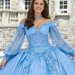 V-Neck Sky Blue Quinceanera Dress Appliques Handmade Flower Beads Ball Gowns Vestidos De 15 Años