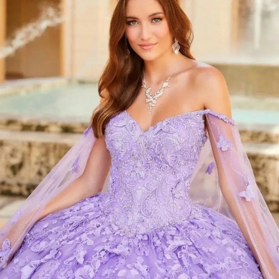 2024 Lavender Butterfly Flowers Quinceanera Dresses Detached Cape Ball Gown Appliques Lace Crystal Vestidos De 15 Anos