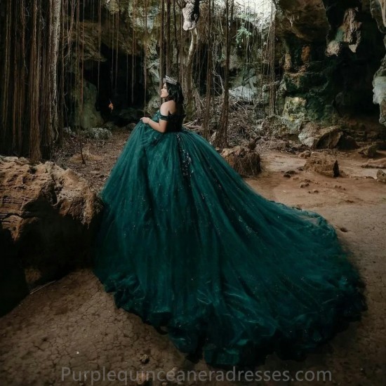 Angelsbridep Green Quinceanera Dress Luxury Ball Gown Appliques Beads Off The Shoulder Birthday Gowns Vestidos De 15 Quinceanera