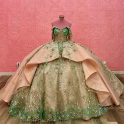 Beaded Champagne Ball Gown Quinceanera Dresses Green 3D Flower Appliques Vestido De 15 Anos Sweet 16 Princess Birthday Dress