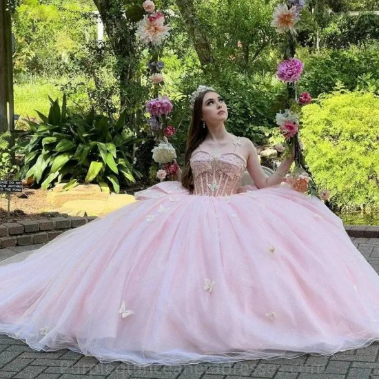 Beaded Pink Sequins Appliques Princess Crystal Tull Ball Gown Quinceanera Dress With Big Bow Corset Vestido De 15 Ano