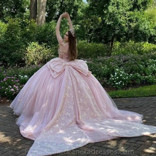 Beaded Pink Sequins Appliques Princess Crystal Tull Ball Gown Quinceanera Dress With Big Bow Corset Vestido De 15 Ano