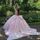 Beaded Pink Sequins Appliques Princess Crystal Tull Ball Gown Quinceanera Dress With Big Bow Corset Vestido De 15 Ano