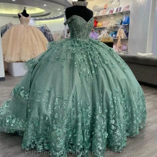 Beading Green Mexican Quinceanera Dress 2024 Ball Gown Appliques Corset Vestidos De 15 Anos