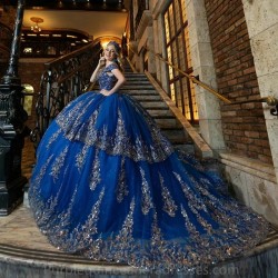 Beading Royal Blue Quinceanera Dresses For 16 Girl Appliques Lace Tull Princess Ball Gowns Birthday Prom Dress vestidos