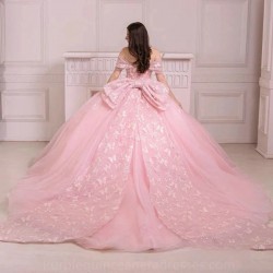 Beads Baby Pink Quinceanera Dresses Off Should Soft Tulle Ball Gown With Bow Vestidos De 15 Anos Sweet 16