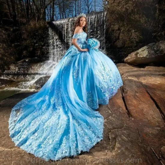 Beads Blue Quinceanera Dress For Sweet 16 Girls Appliques Princess Ball Gown Ruffles Vestidos De Fiesta