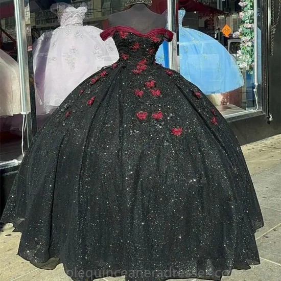 Black Shiny Princess Quinceanera Dress Ball Gown Beaded Bow With Cape Appliques Sweet 16 Vestidos