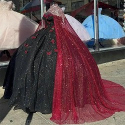 Black Shiny Princess Quinceanera Dress Ball Gown Beaded Bow With Cape Appliques Sweet 16 Vestidos