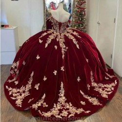 Burgundy Off The Shoulder Beading Ball Gown Quincenara Dresses With Cape Gold Appliques Lace Corset Sweet 16 Vestidos De XV Anos