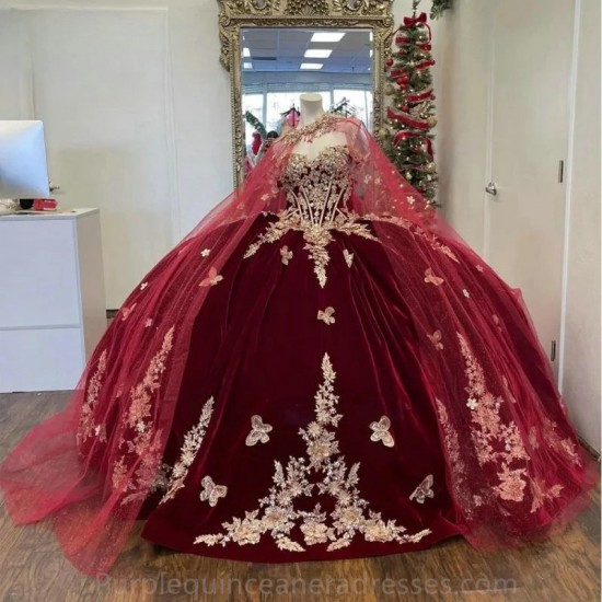 Burgundy Off The Shoulder Beading Ball Gown Quincenara Dresses With Cape Gold Appliques Lace Corset Sweet 16 Vestidos De XV Anos