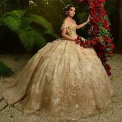 Champagne Shiny Quinceanera Dresses Crystal Sequined Ball Gown Off The Shoulder 3D Flowers Corset Vestidos 15 Para XV Anos