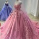 Charming Pink Sweetheart Backless Flowers Appliques Evening Dress 2024 Ball Gown Floor Length Sweep Train Quinceanera Dress