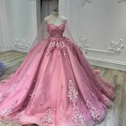 Charming Pink Sweetheart Backless Flowers Appliques Evening Dress 2024 Ball Gown Floor Length Sweep Train Quinceanera Dress