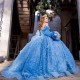 Crystal Light Blue 3D Flowers Glitter Ball Gown Quinceanera Dresses Detachable Sleeve Corset Vestidos De 15 Anos