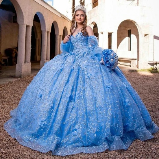 Crystal Light Blue 3D Flowers Glitter Ball Gown Quinceanera Dresses Detachable Sleeve Corset Vestidos De 15 Anos