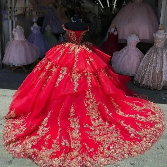 Crystal Red Princess Ball Gown Quinceanera Dress Flowers Appliques With Cape Beads Sweet 16 Vestidos