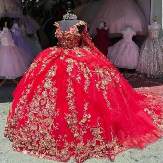 Crystal Red Princess Ball Gown Quinceanera Dress Flowers Appliques With Cape Beads Sweet 16 Vestidos