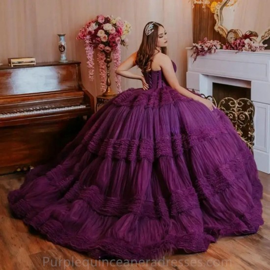 Dark Purple Ball Gown Quinceanera Dress Gorgeous Sweetheart Sleeveless Beads Ruffles Tulle Party Dresses Sweet 15 Year Gowns