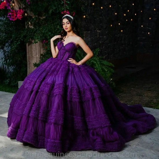 Dark Purple Ball Gown Quinceanera Dress Gorgeous Sweetheart Sleeveless Beads Ruffles Tulle Party Dresses Sweet 15 Year Gowns