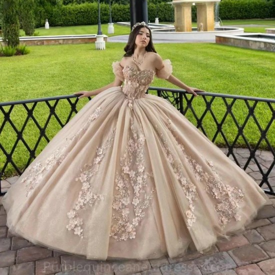 Detachable Champagne Sleeve Crystal Beading Ball Gown Quinceanera Dresses 3D Flowers Appliques Lace Corset Vestidos De 15 Anos