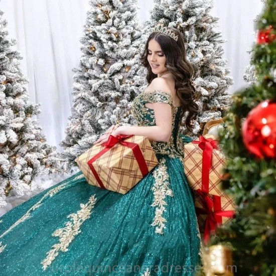 Emerald Green Quinceanera Dresses Sweet 15 Dress Off Shoulder Gold Applique Beaded Vestidos de 16 Prom Gown Ball Gown