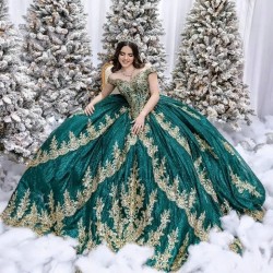 Emerald Green Quinceanera Dresses Sweet 15 Dress Off Shoulder Gold Applique Beaded Vestidos de 16 Prom Gown Ball Gown