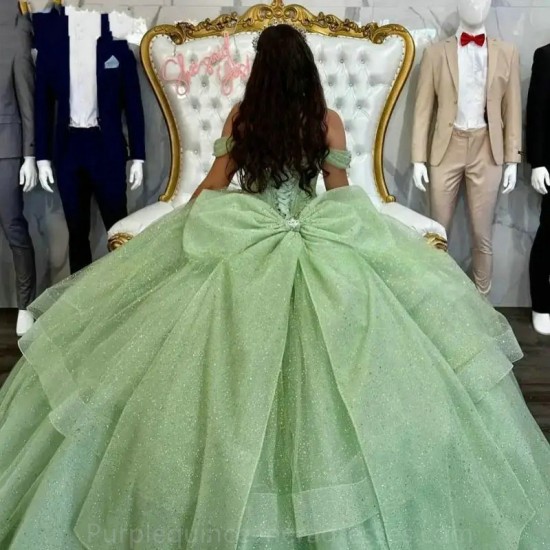 Glitter Ruffles Ball Gown Sweet 15 Year Old Quinceanera Dresses With Bow Sage Green Formal Party Gown For Women